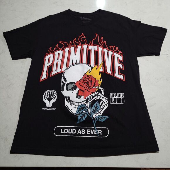 Primitive Skateboarding Loud As Ever Flaming Skull Rose Black T Shirt Large NWOT - Picture 1 of 5